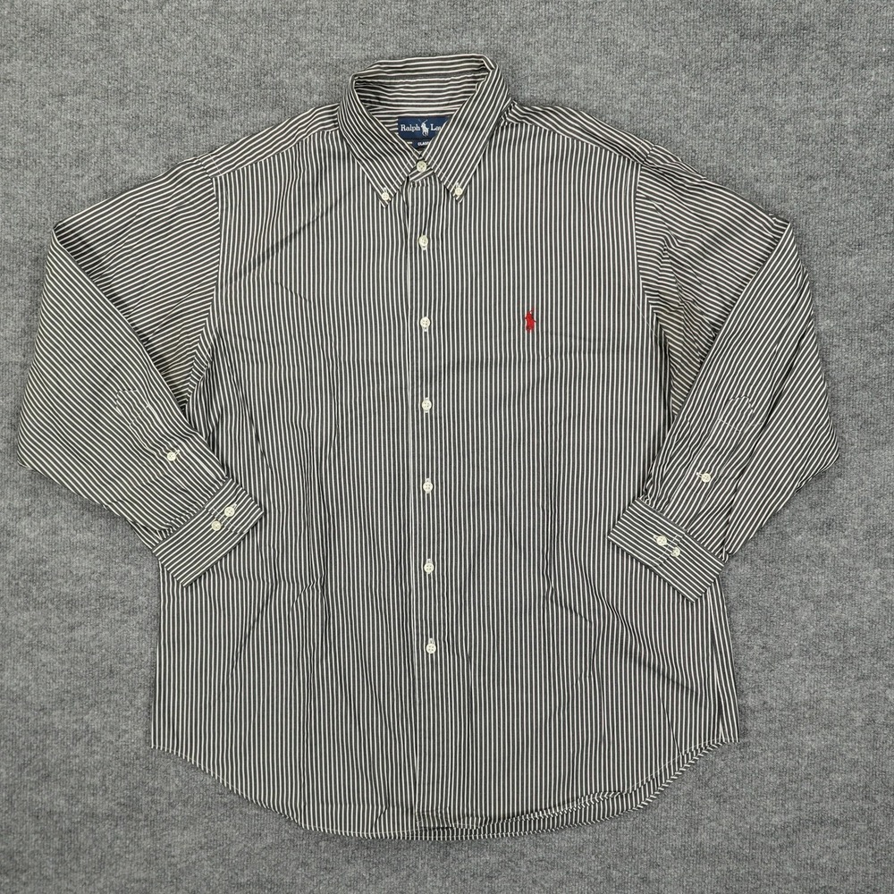 Vintage Ralph Lauren Shirt Men 17 32/33 Black White‎ Striped Classic Button Down